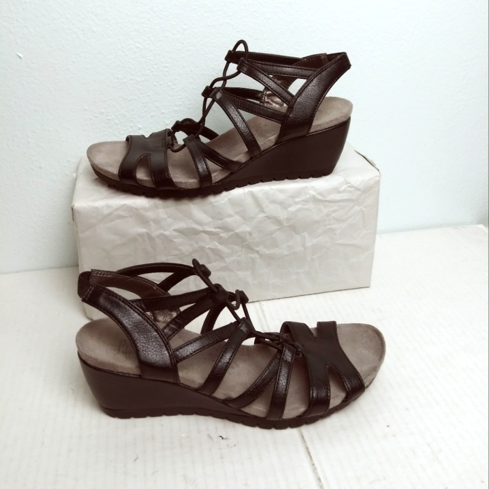 Life Stride Nadira 7.5M Black Gladiator Wedges Open Toe Sandals